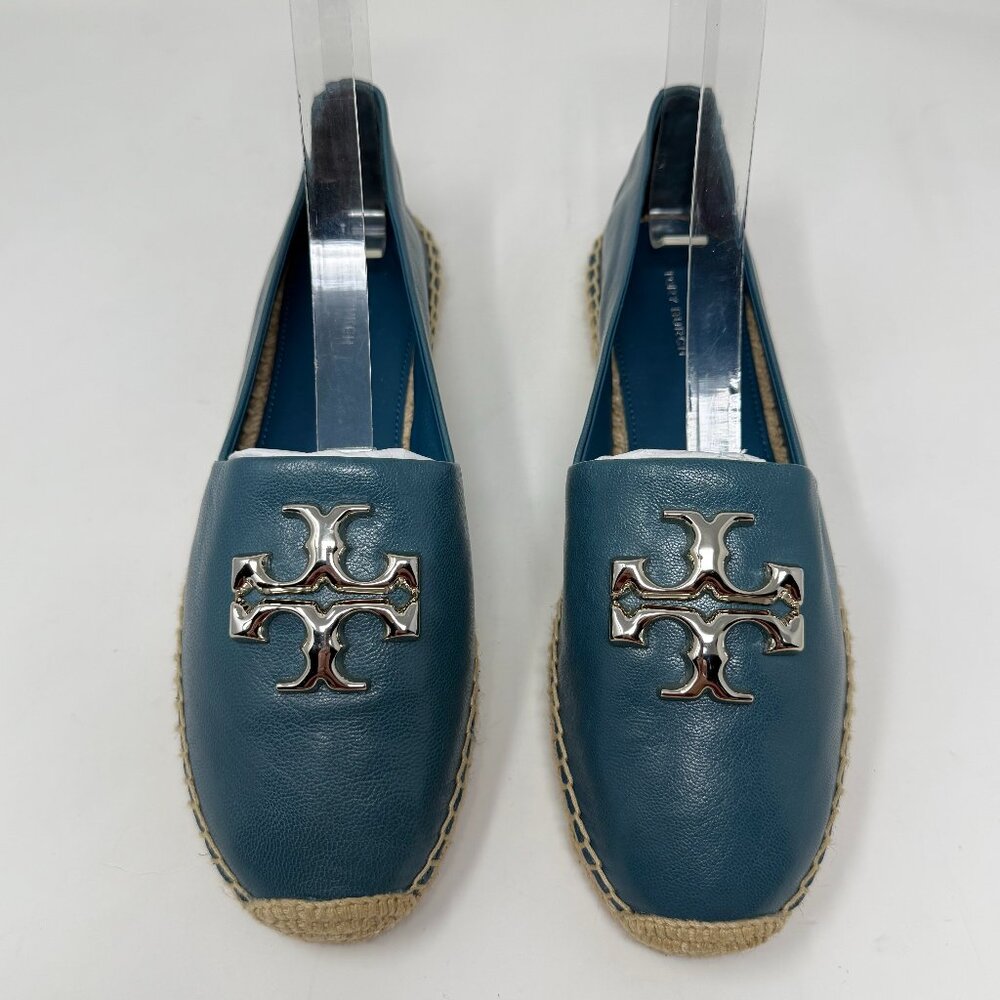 Tory Burch Women's Size 9.5 Flats Eleanor Espadrille Brisk Blue Silver Leather
